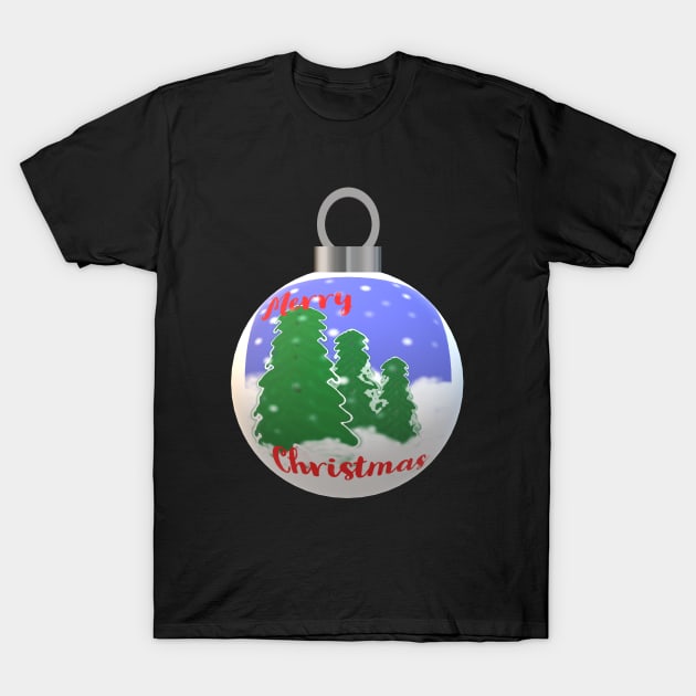 Christmas Tree Ornament with Merry Christmas Greeting, Evergreen Trees and Snowflakes T-Shirt by Art By LM Designs 